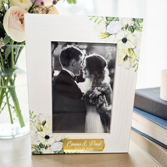 Floral Wedding Wood Photo Frame - Personalized Name Bridal 4x6 Picture Keepsake