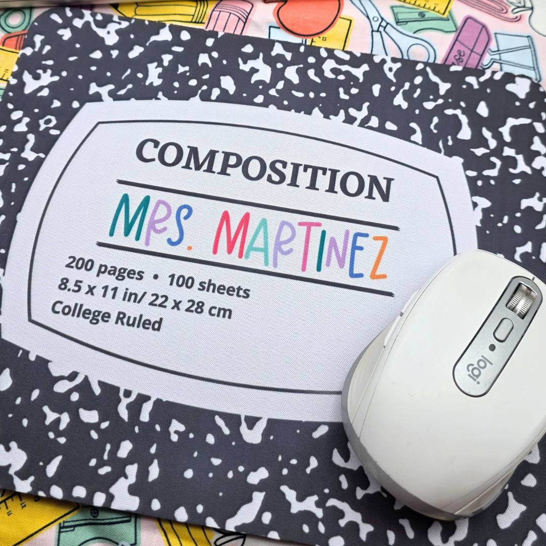 Custom Teacher Mouse Pad - Retro Composition Notebook Design, Personalized Name, Back to School Gift for Teachers & Students