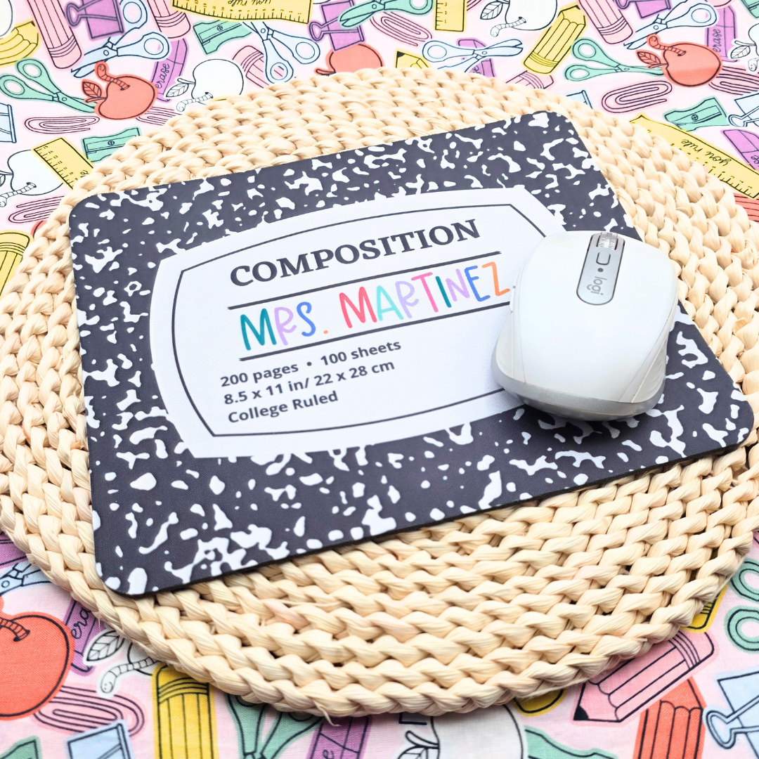 Custom Teacher Mouse Pad - Retro Composition Notebook Design, Personalized Name, Back to School Gift for Teachers & Students
