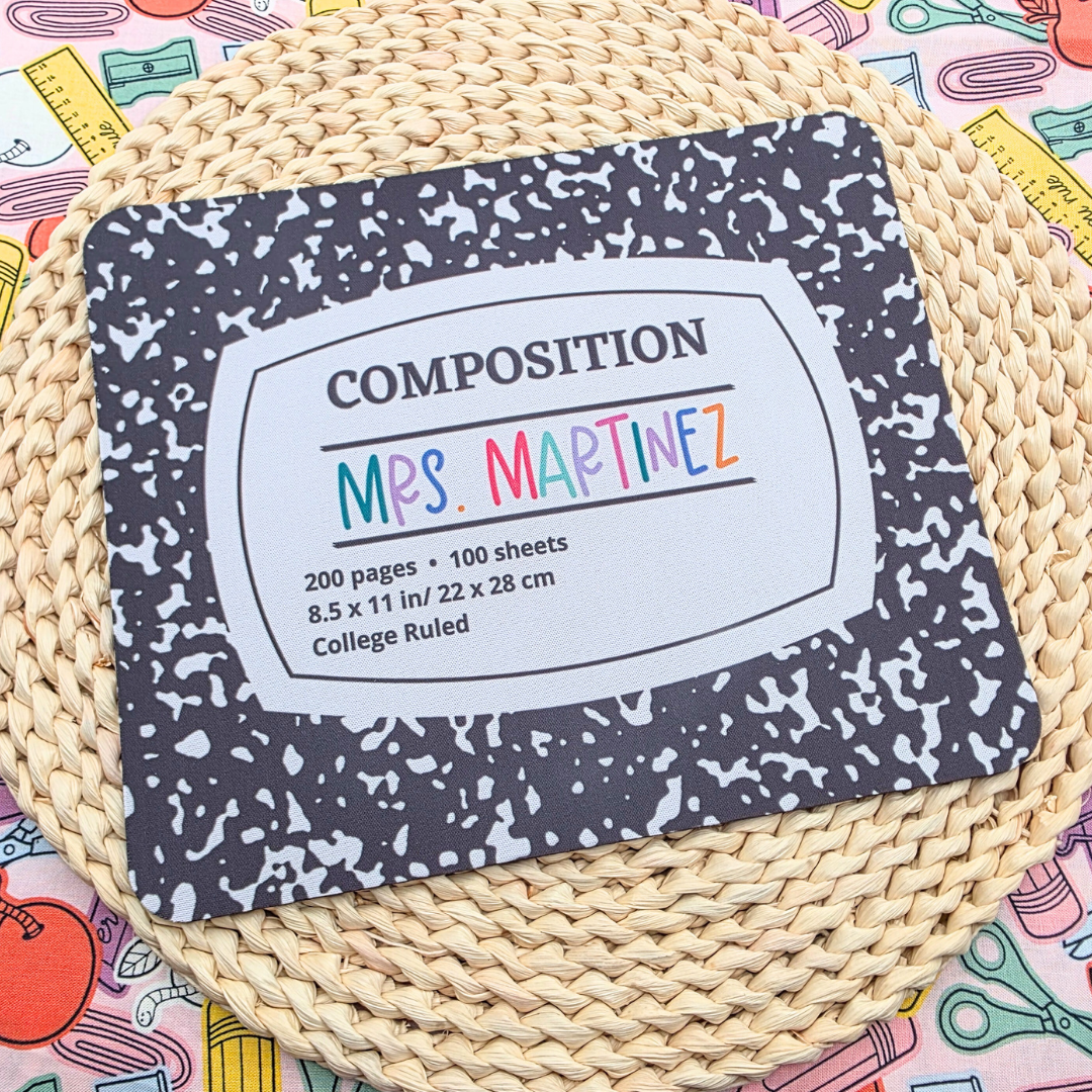 Custom Teacher Mouse Pad - Retro Composition Notebook Design, Personalized Name, Back to School Gift for Teachers & Students