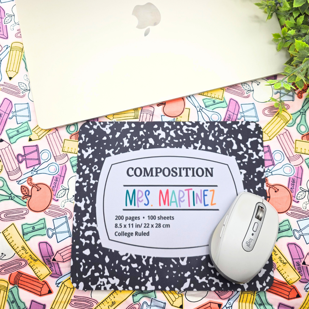 Custom Teacher Mouse Pad - Retro Composition Notebook Design, Personalized Name, Back to School Gift for Teachers & Students