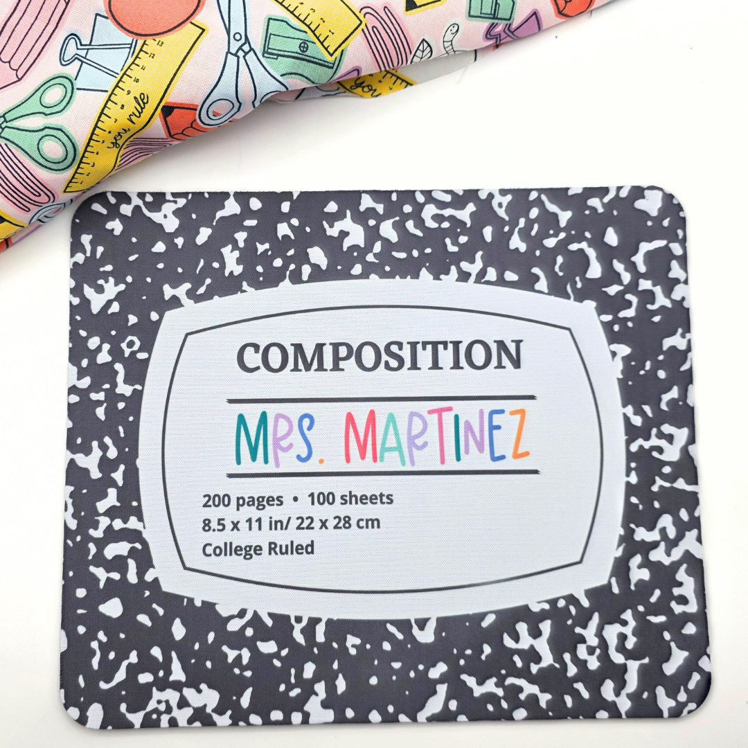 Custom Teacher Mouse Pad - Retro Composition Notebook Design, Personalized Name, Back to School Gift for Teachers & Students