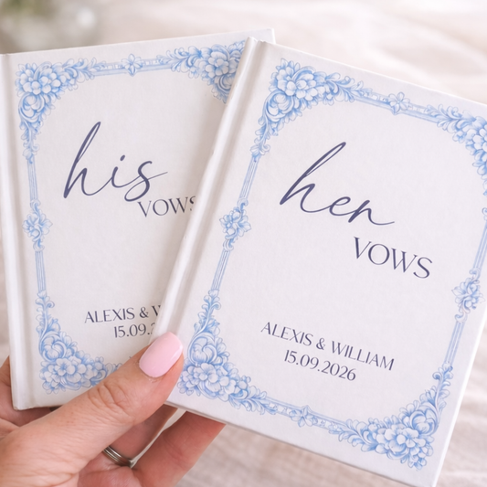 Personalized Wedding Vow Books Set of 2 - Blue Toile Hardcover His and Her Vows - Elegant Keepsake Ceremony Gift