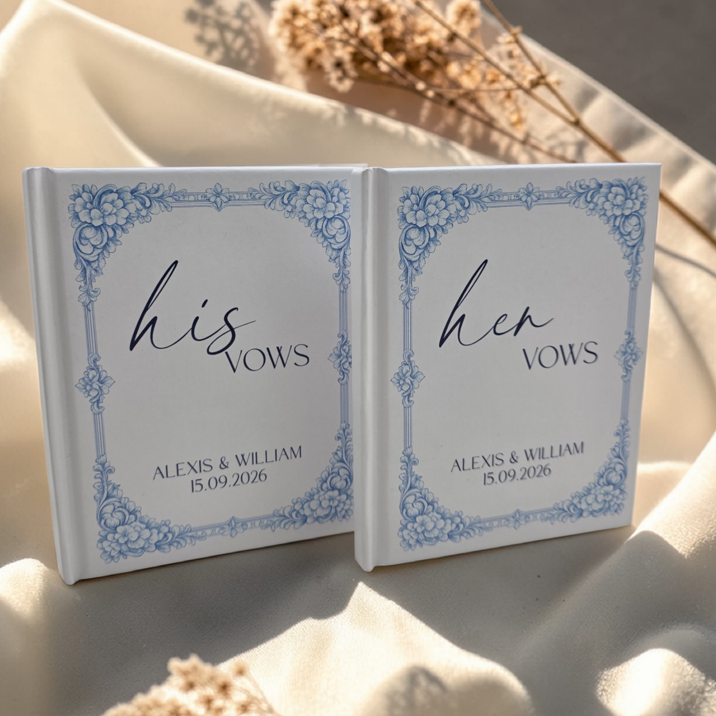 Personalized Wedding Vow Books Set of 2 - Blue Toile Hardcover His and Her Vows - Elegant Keepsake Ceremony Gift