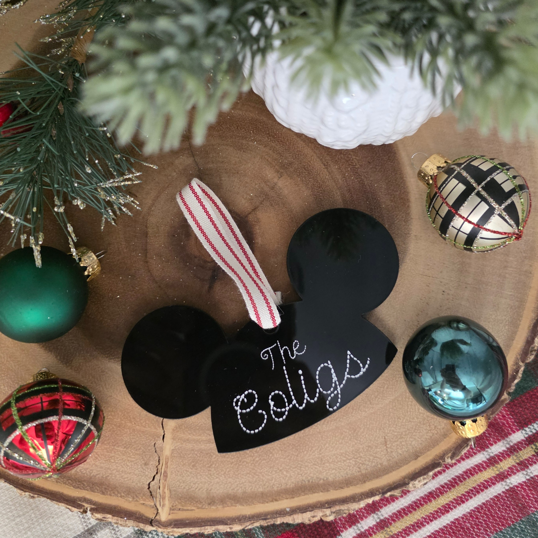 Custom Mouseketeer-Inspired Acrylic Hat Ornament - Personalized Family Name Keepsake
