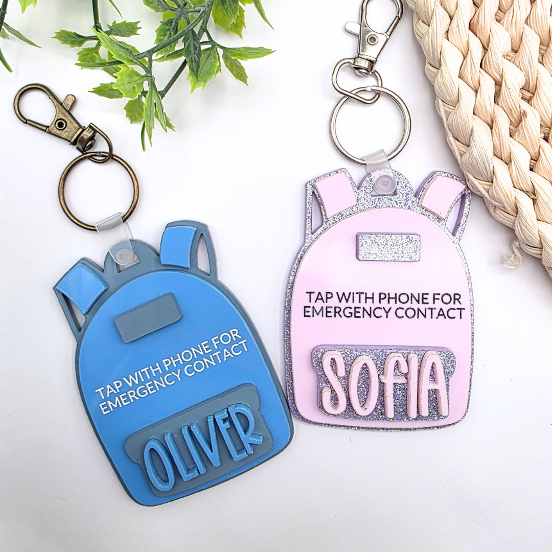 Personalized NFC Emergency Contact Backpack Tag - Custom Safety Keychain for Kids - Tap with Phone - Medical ID + Emergency Info
