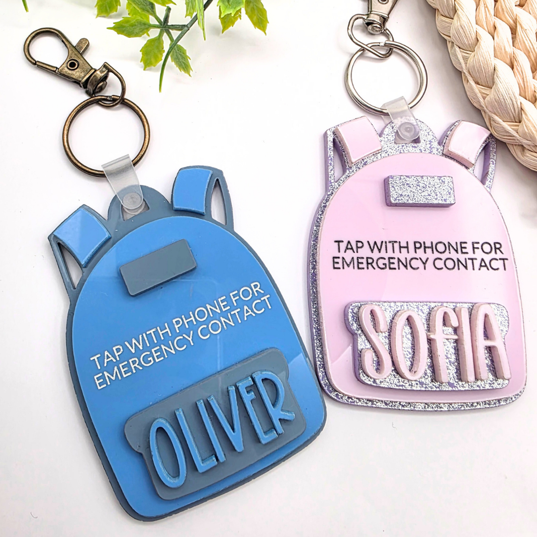 Personalized NFC Emergency Contact Backpack Tag - Custom Safety Keychain for Kids - Tap with Phone - Medical ID + Emergency Info