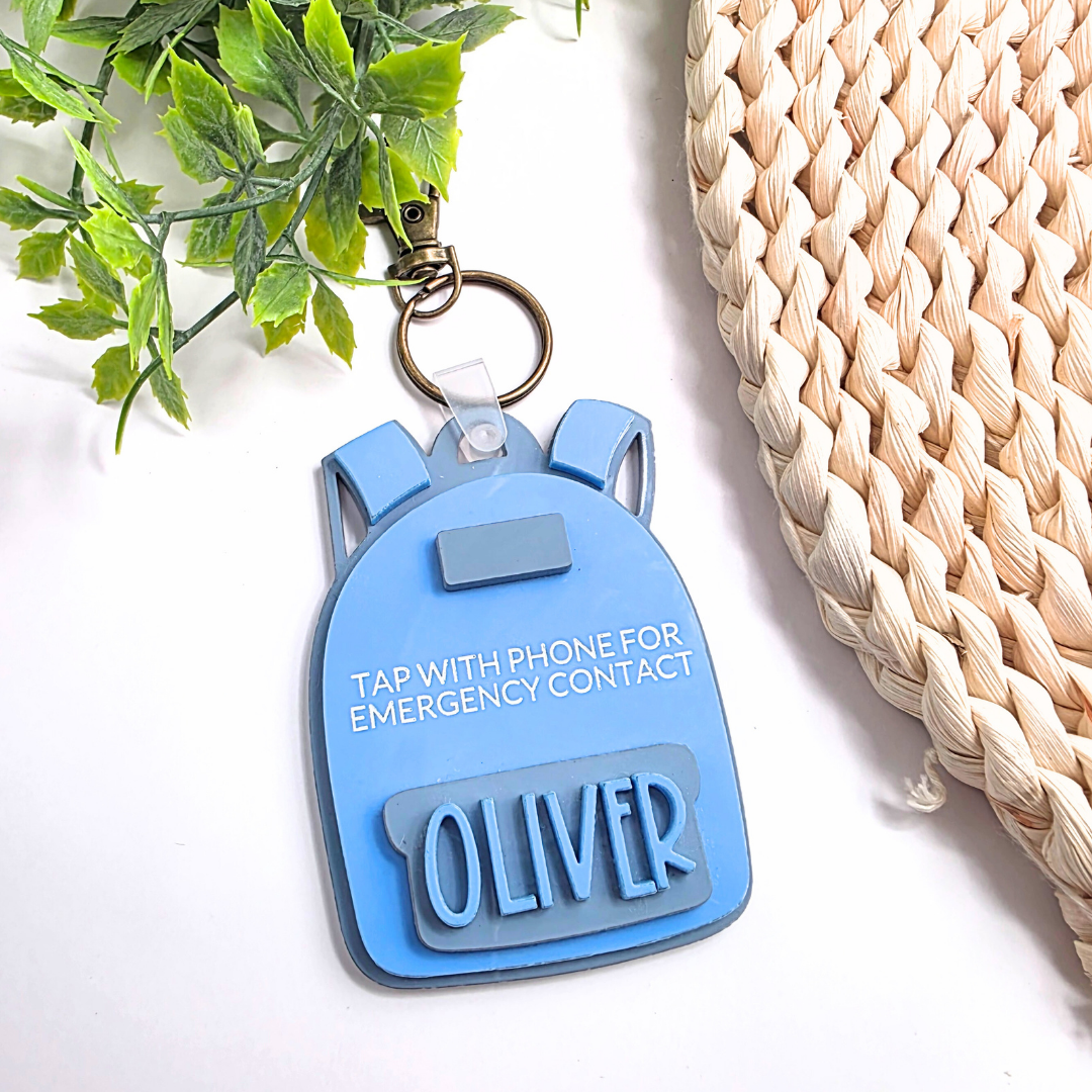 Personalized NFC Emergency Contact Backpack Tag - Custom Safety Keychain for Kids - Tap with Phone - Medical ID + Emergency Info