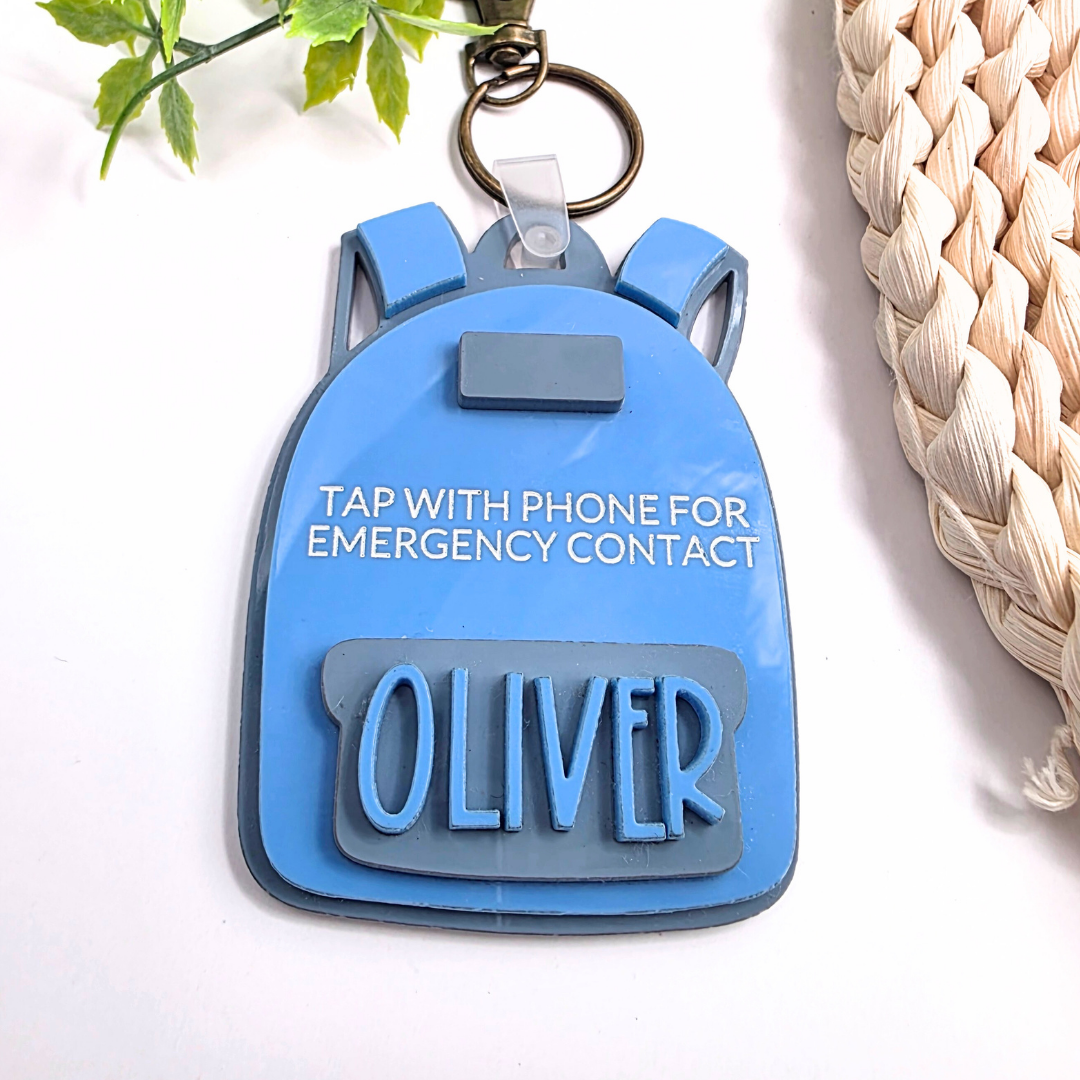Personalized NFC Emergency Contact Backpack Tag - Custom Safety Keychain for Kids - Tap with Phone - Medical ID + Emergency Info