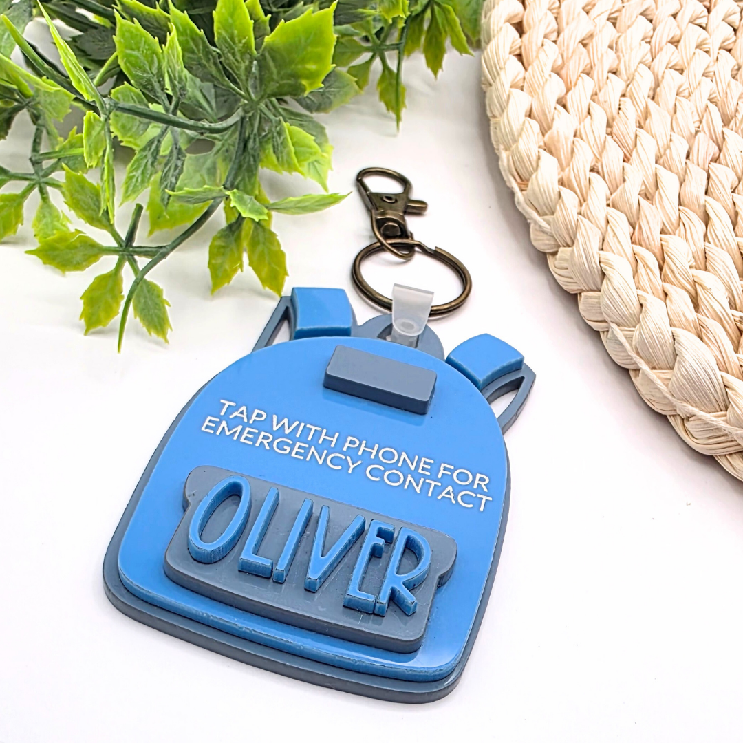 Personalized NFC Emergency Contact Backpack Tag - Custom Safety Keychain for Kids - Tap with Phone - Medical ID + Emergency Info