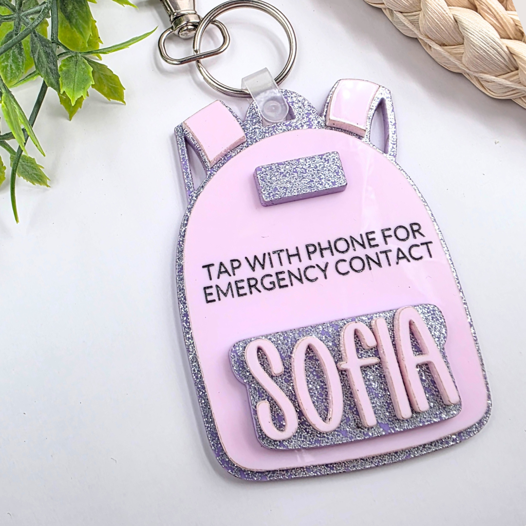 Personalized NFC Emergency Contact Backpack Tag - Custom Safety Keychain for Kids - Tap with Phone - Medical ID + Emergency Info