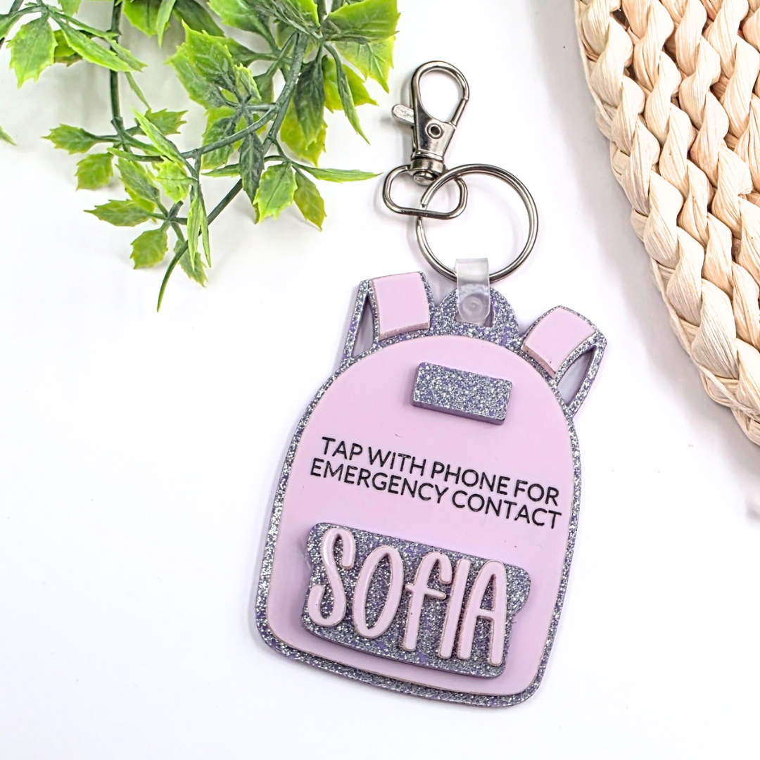 Personalized NFC Emergency Contact Backpack Tag - Custom Safety Keychain for Kids - Tap with Phone - Medical ID + Emergency Info