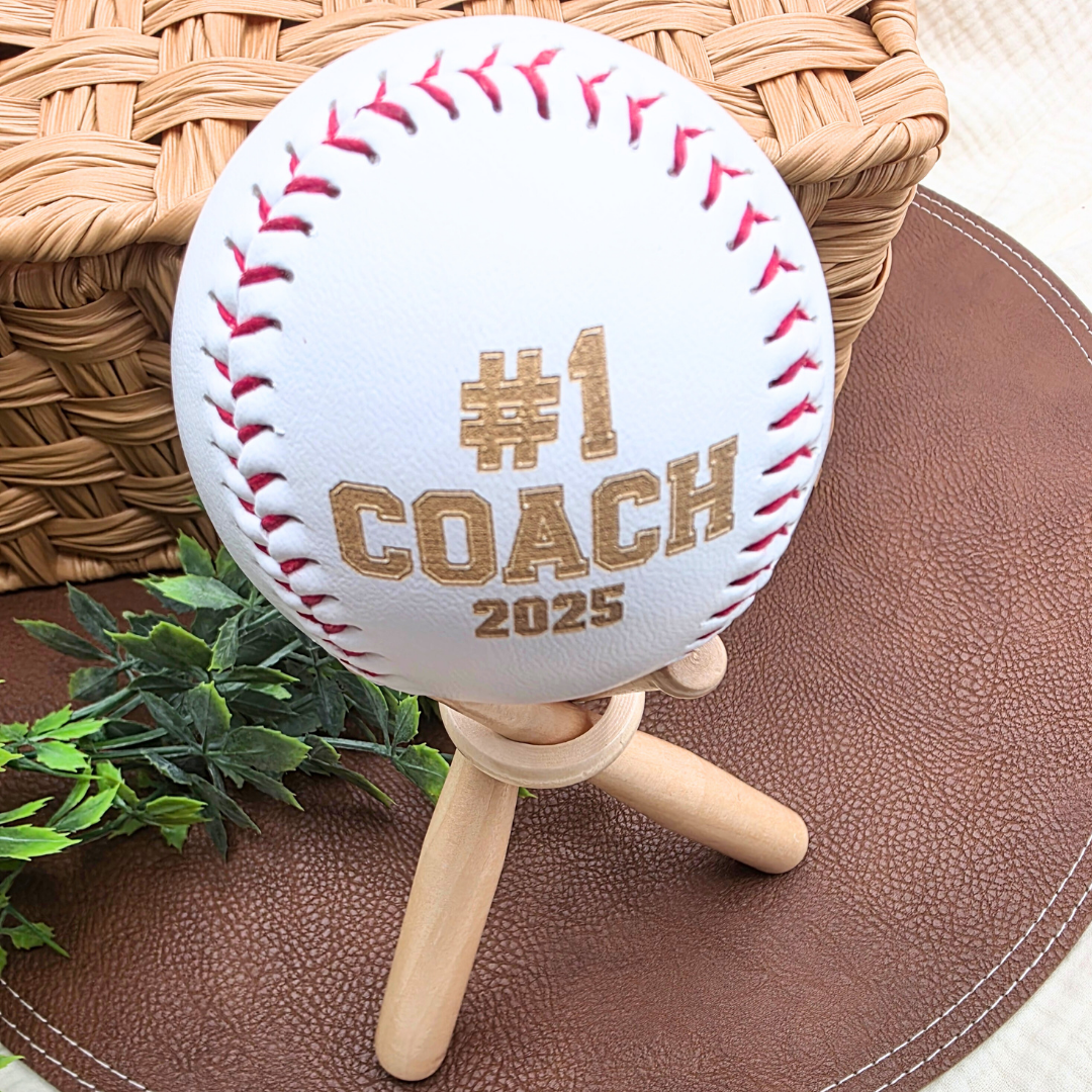 Custom Engraved Baseball - Personalized with Name or Jersey Number - Coach or Team Gift - Red Stitch Varsity Font - Optional Stand