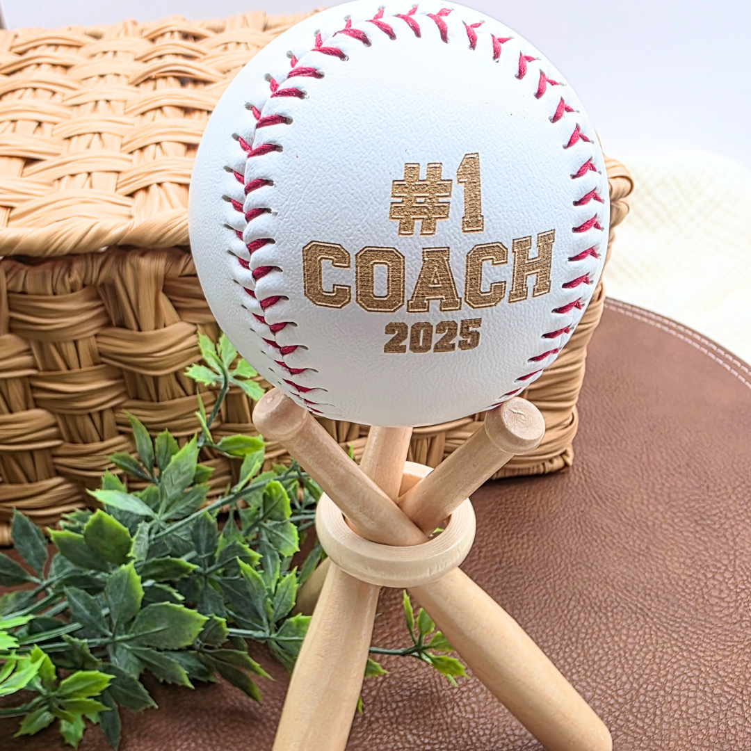 Custom Engraved Baseball - Personalized with Name or Jersey Number - Coach or Team Gift - Red Stitch Varsity Font - Optional Stand