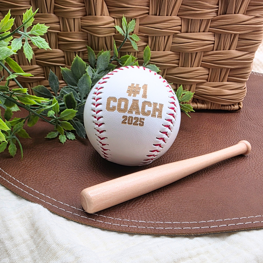 Custom Engraved Baseball - Personalized with Name or Jersey Number - Coach or Team Gift - Red Stitch Varsity Font - Optional Stand