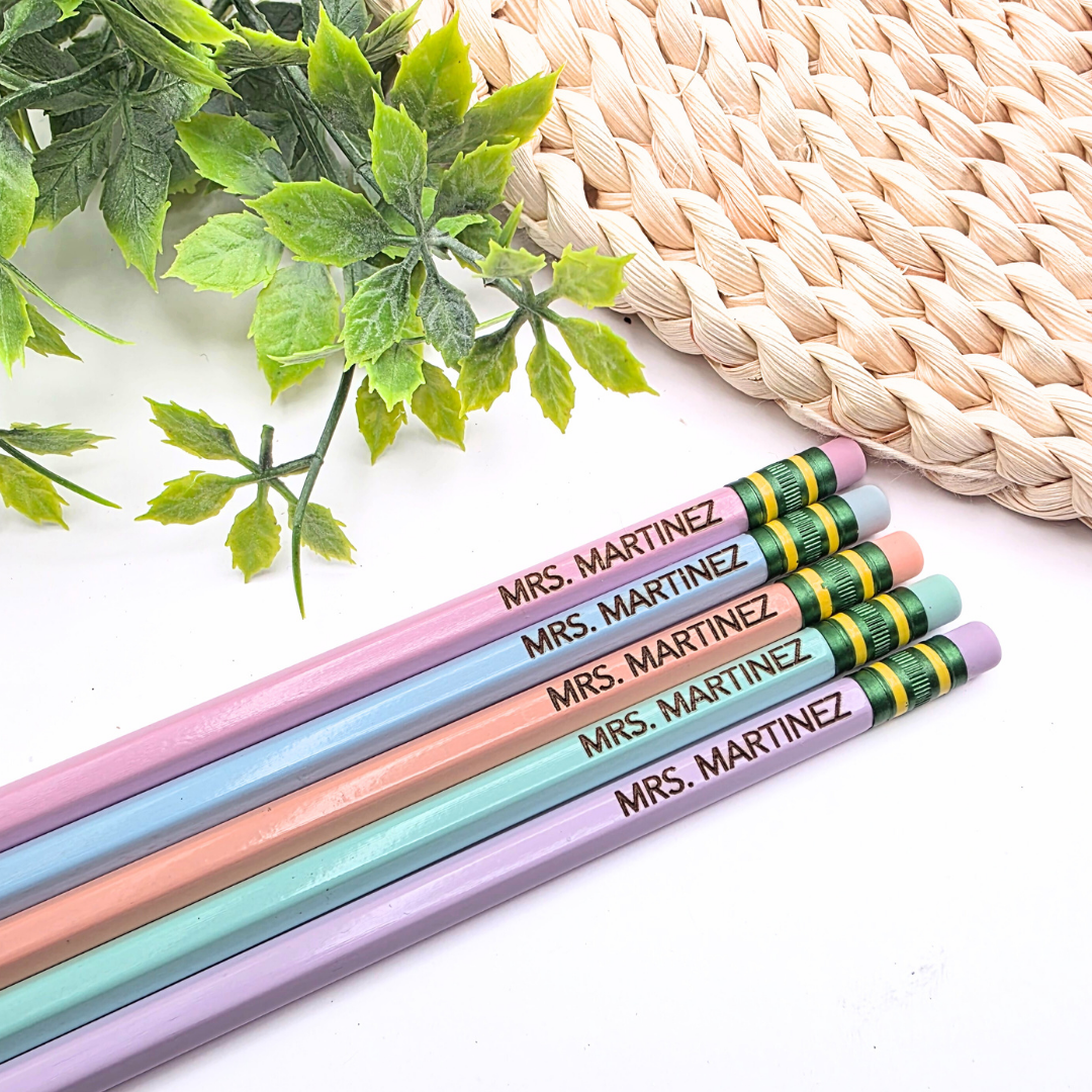 Custom Engraved Pencils - Personalized 2B Pencils for School | Name Pencils in Yellow or Pastel | Pack of 5 or 10 | Latex-Free Eraser