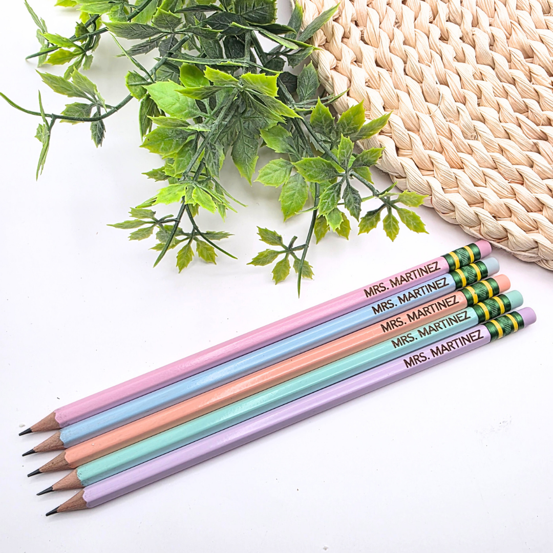 Custom Engraved Pencils - Personalized 2B Pencils for School | Name Pencils in Yellow or Pastel | Pack of 5 or 10 | Latex-Free Eraser