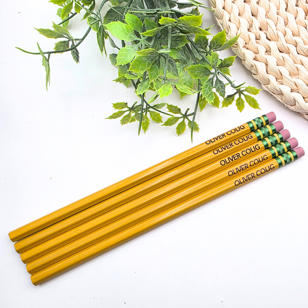 Custom Engraved Pencils - Personalized 2B Pencils for School | Name Pencils in Yellow or Pastel | Pack of 5 or 10 | Latex-Free Eraser