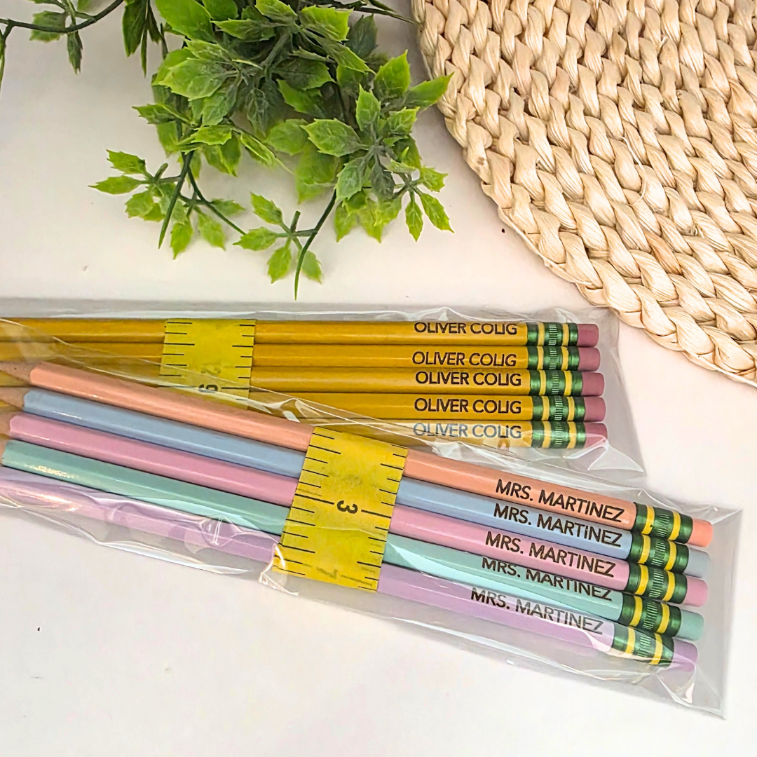 Custom Engraved Pencils - Personalized 2B Pencils for School | Name Pencils in Yellow or Pastel | Pack of 5 or 10 | Latex-Free Eraser