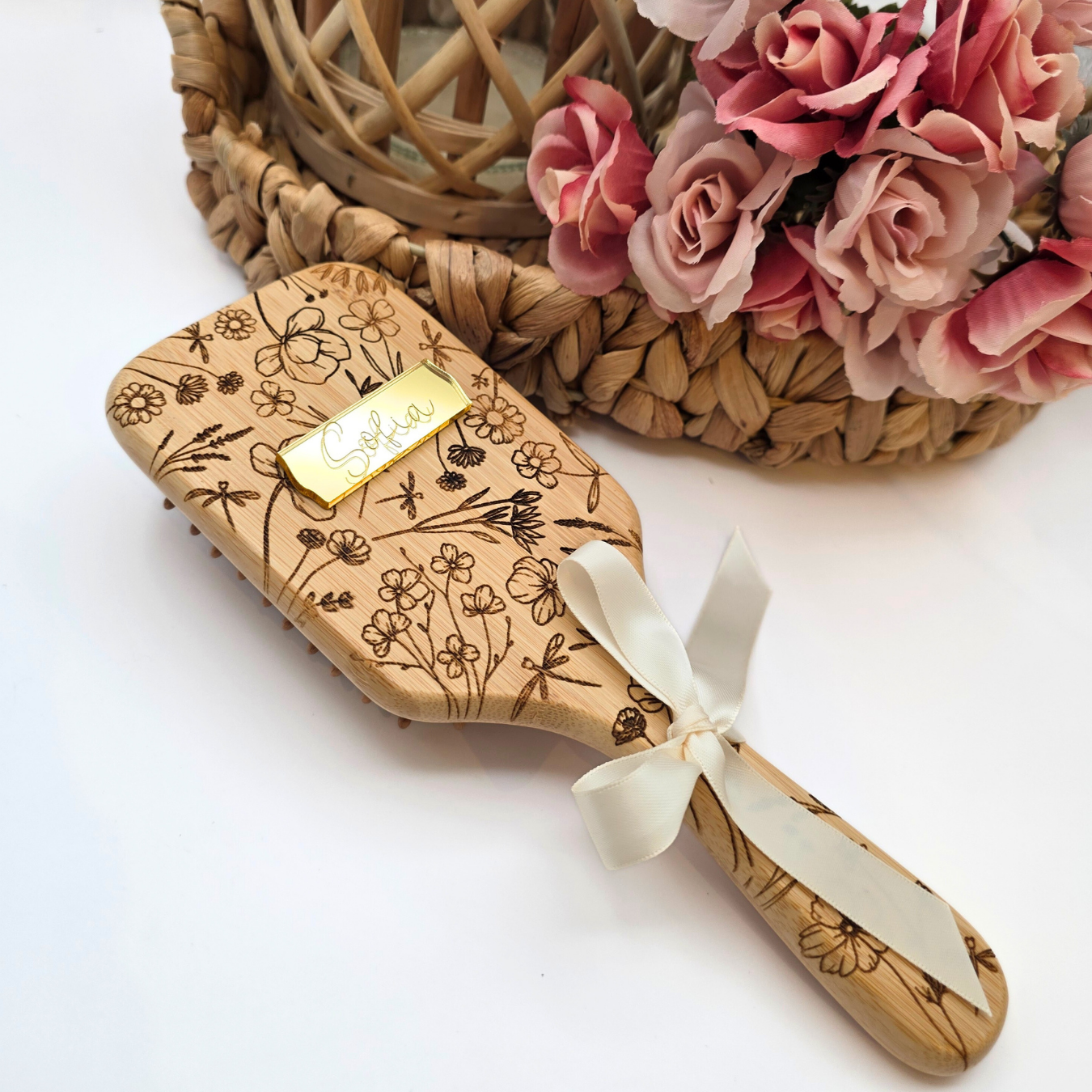 Enchanted Wildflower Paddle Brush - Personalized Mirror Nameplate in Gold, Rose Gold, or Silver - Magical Keepsake Gift for Her