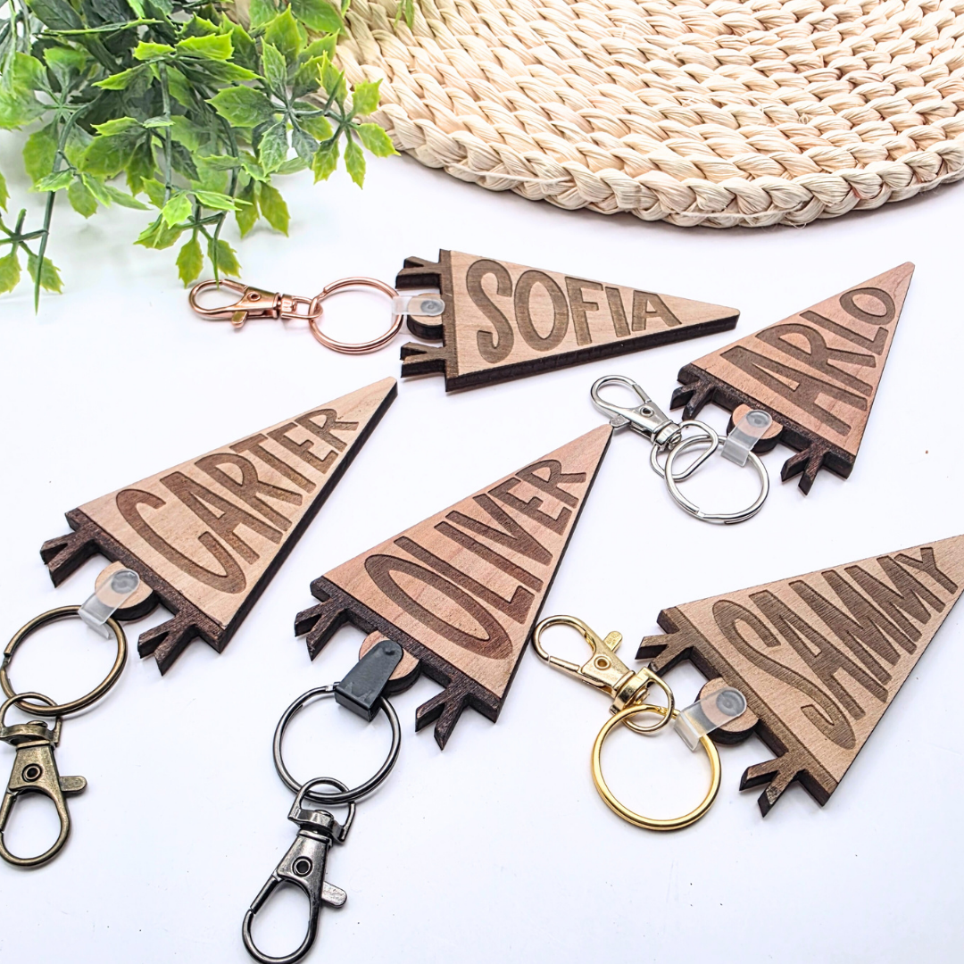 Custom Pennant Flag Bag Tag - Personalized Name Engraved Keychain | Birch Wood Tag with Clasp for Backpack, Diaper Bag, or Keys