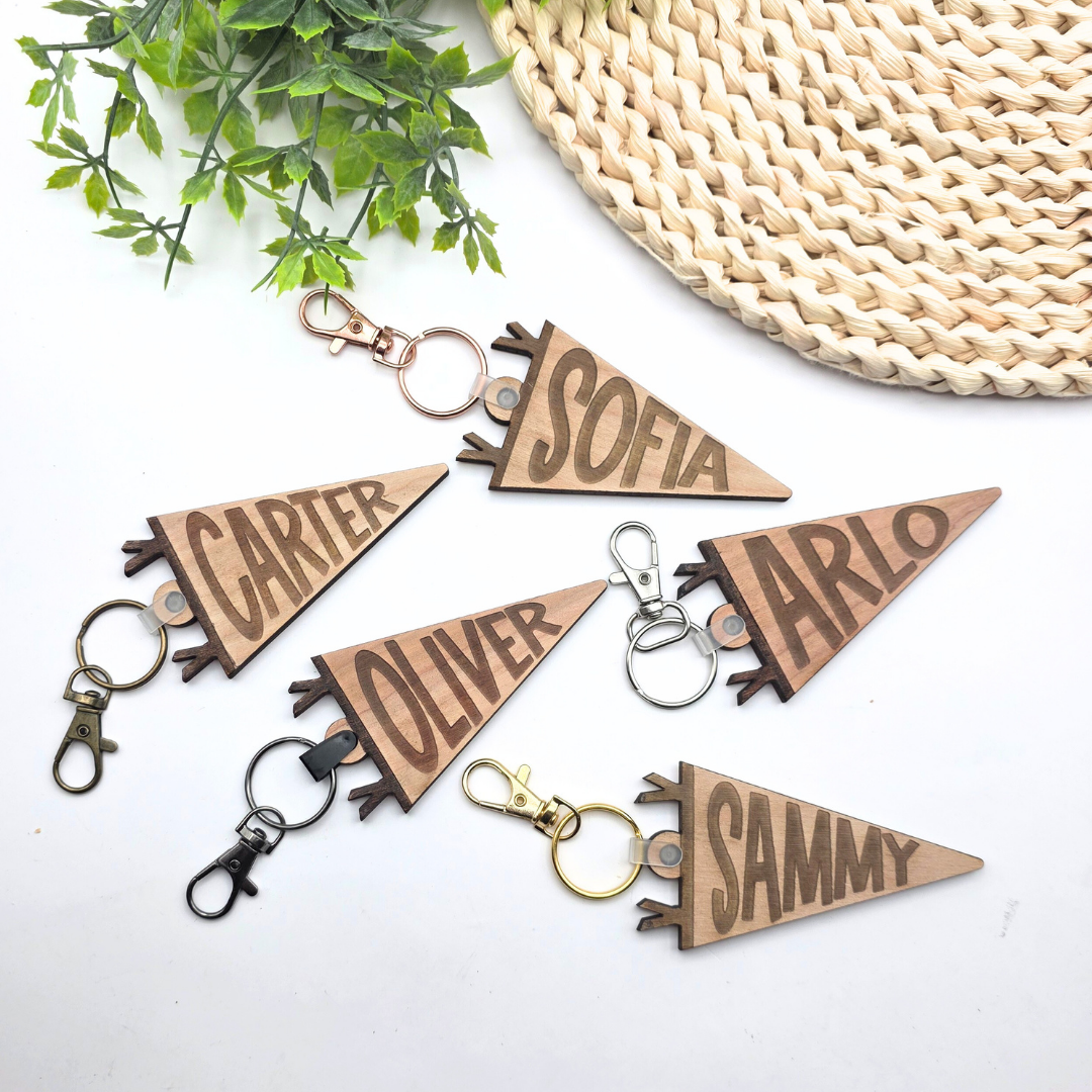 Custom Pennant Flag Bag Tag - Personalized Name Engraved Keychain | Birch Wood Tag with Clasp for Backpack, Diaper Bag, or Keys