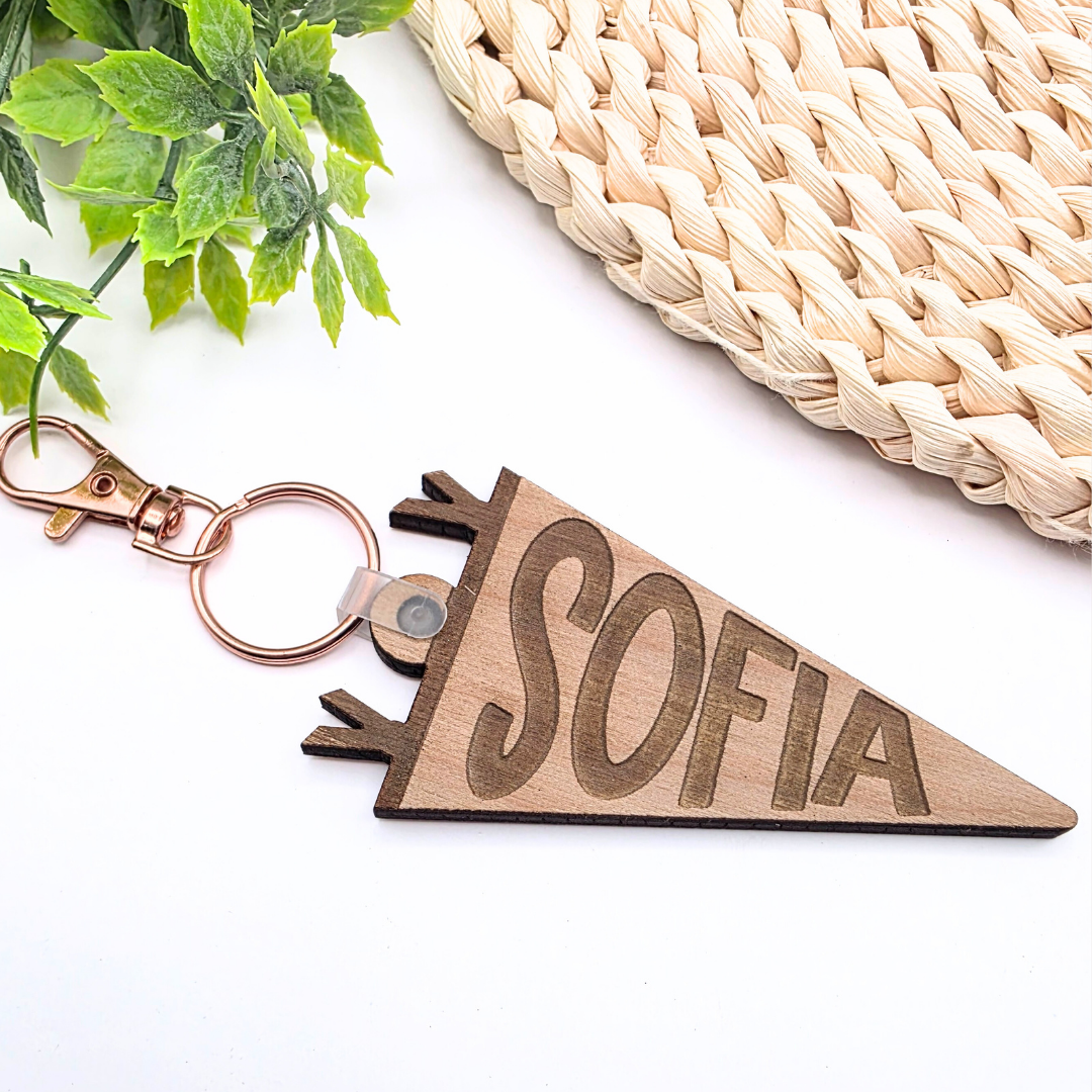 Custom Pennant Flag Bag Tag - Personalized Name Engraved Keychain | Birch Wood Tag with Clasp for Backpack, Diaper Bag, or Keys
