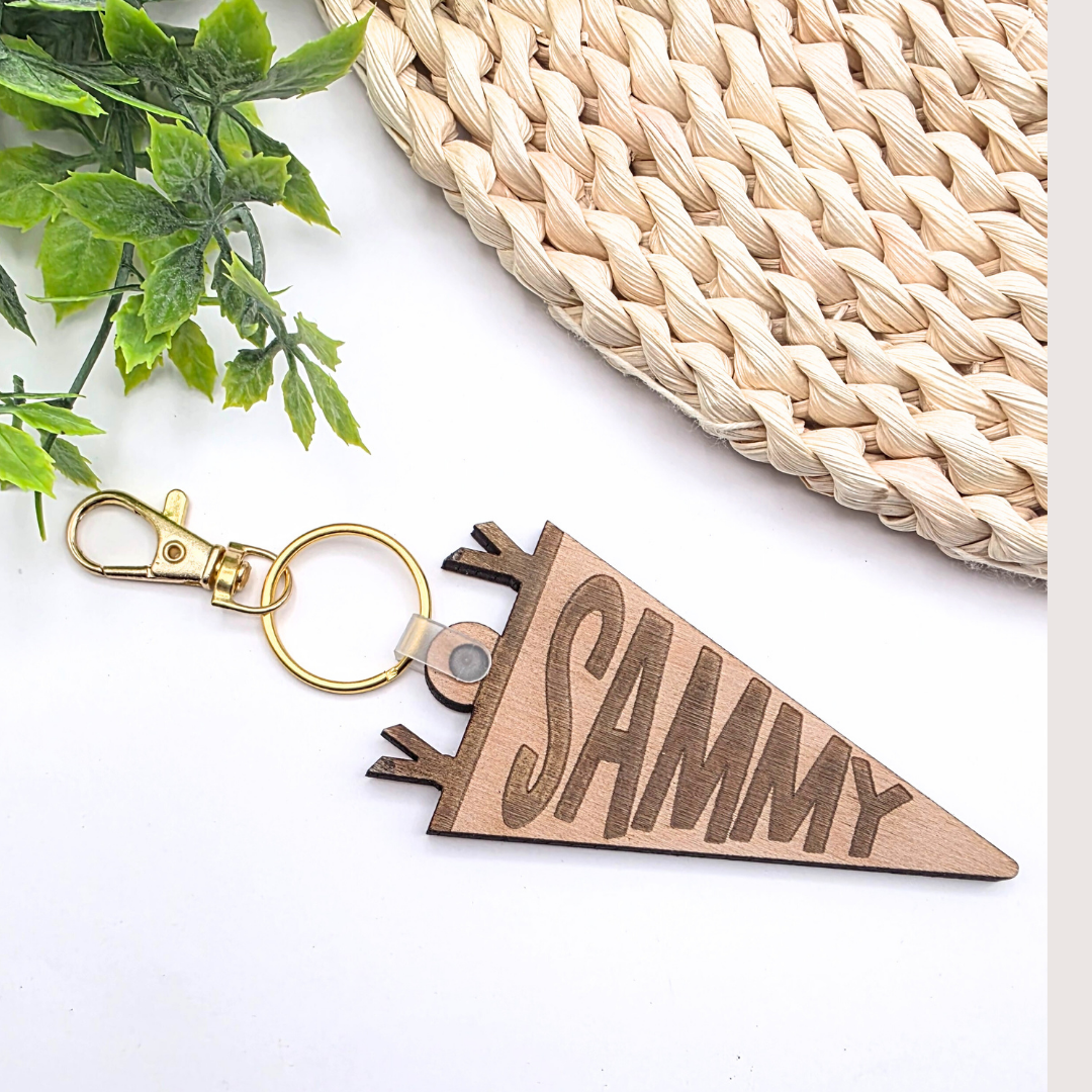 Custom Pennant Flag Bag Tag - Personalized Name Engraved Keychain | Birch Wood Tag with Clasp for Backpack, Diaper Bag, or Keys