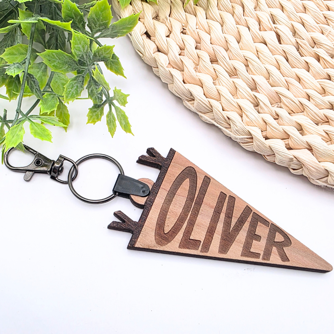 Custom Pennant Flag Bag Tag - Personalized Name Engraved Keychain | Birch Wood Tag with Clasp for Backpack, Diaper Bag, or Keys