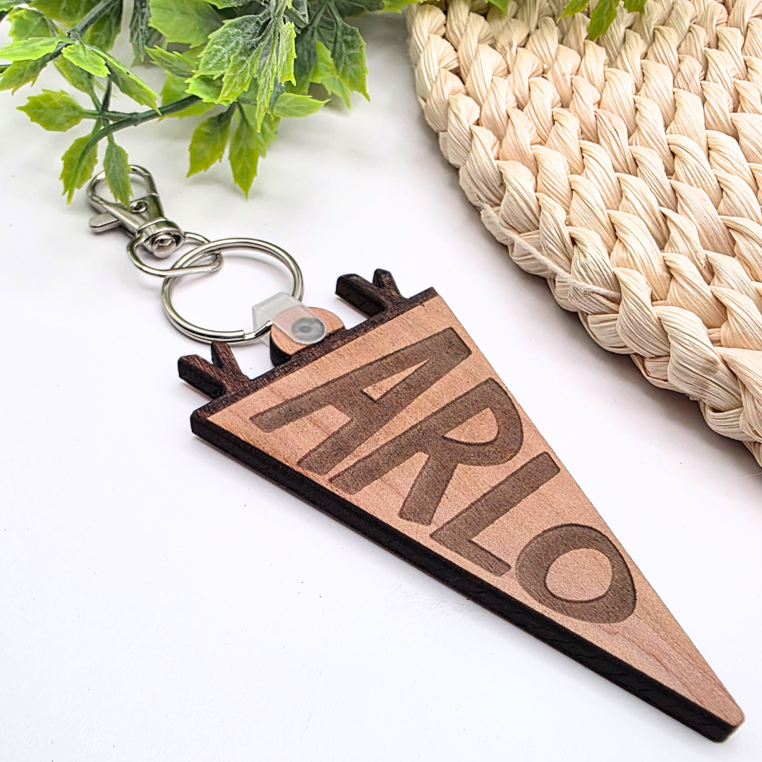 Custom Pennant Flag Bag Tag - Personalized Name Engraved Keychain | Birch Wood Tag with Clasp for Backpack, Diaper Bag, or Keys