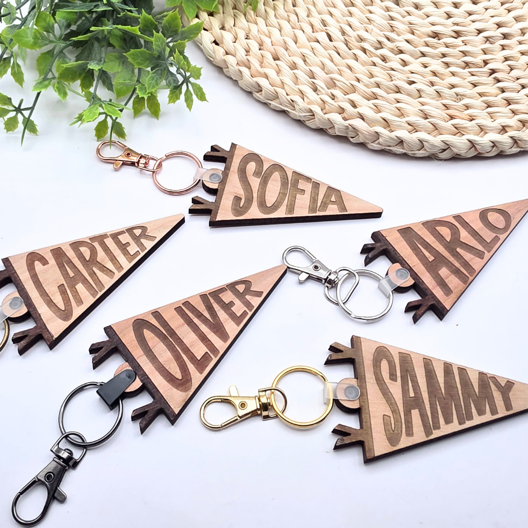 Custom Pennant Flag Bag Tag - Personalized Name Engraved Keychain | Birch Wood Tag with Clasp for Backpack, Diaper Bag, or Keys