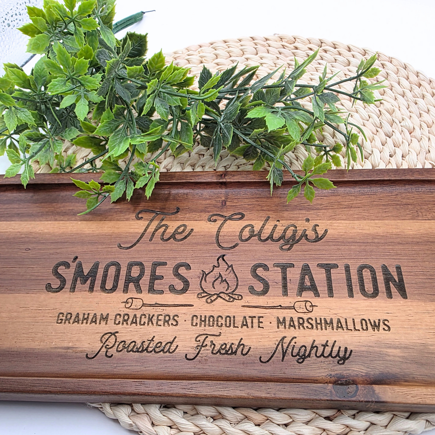 Custom S’mores Station Tray - Personalized Acacia Wood Board for Camping, Fire Pit, Outdoor Entertaining, Host or RV Gift