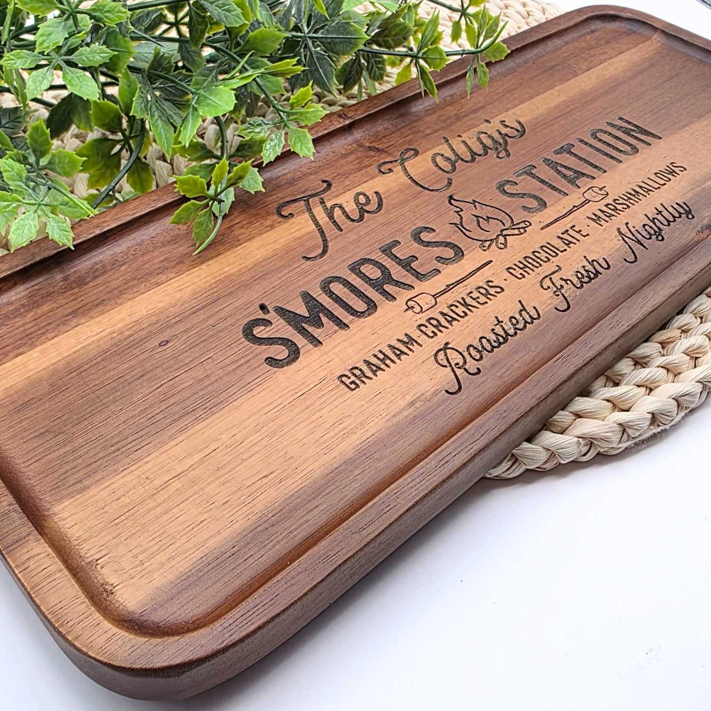 Custom S’mores Station Tray - Personalized Acacia Wood Board for Camping, Fire Pit, Outdoor Entertaining, Host or RV Gift