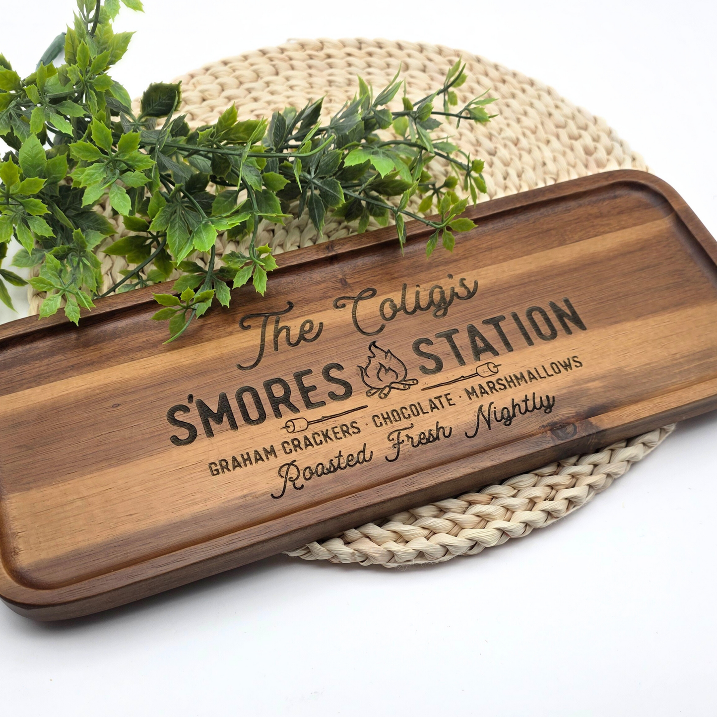 Custom S’mores Station Tray - Personalized Acacia Wood Board for Camping, Fire Pit, Outdoor Entertaining, Host or RV Gift