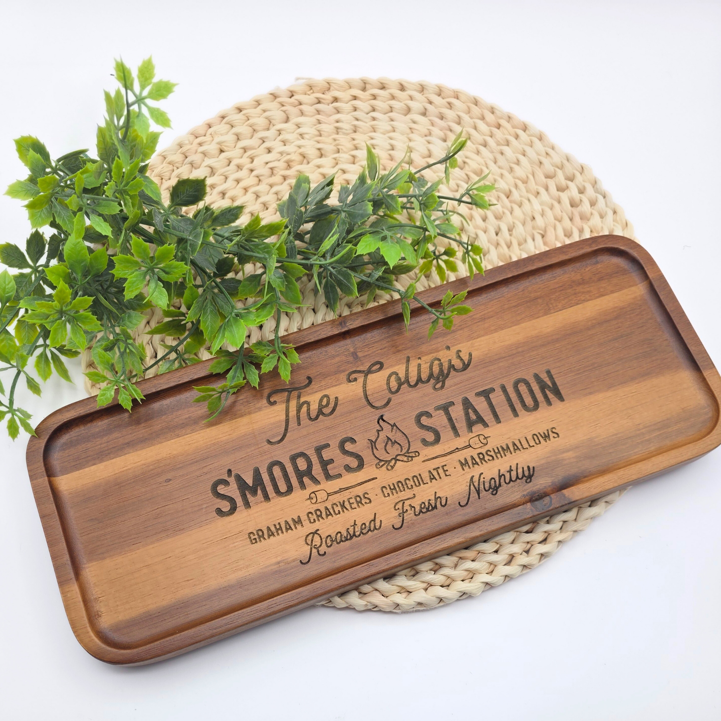 Custom S’mores Station Tray - Personalized Acacia Wood Board for Camping, Fire Pit, Outdoor Entertaining, Host or RV Gift