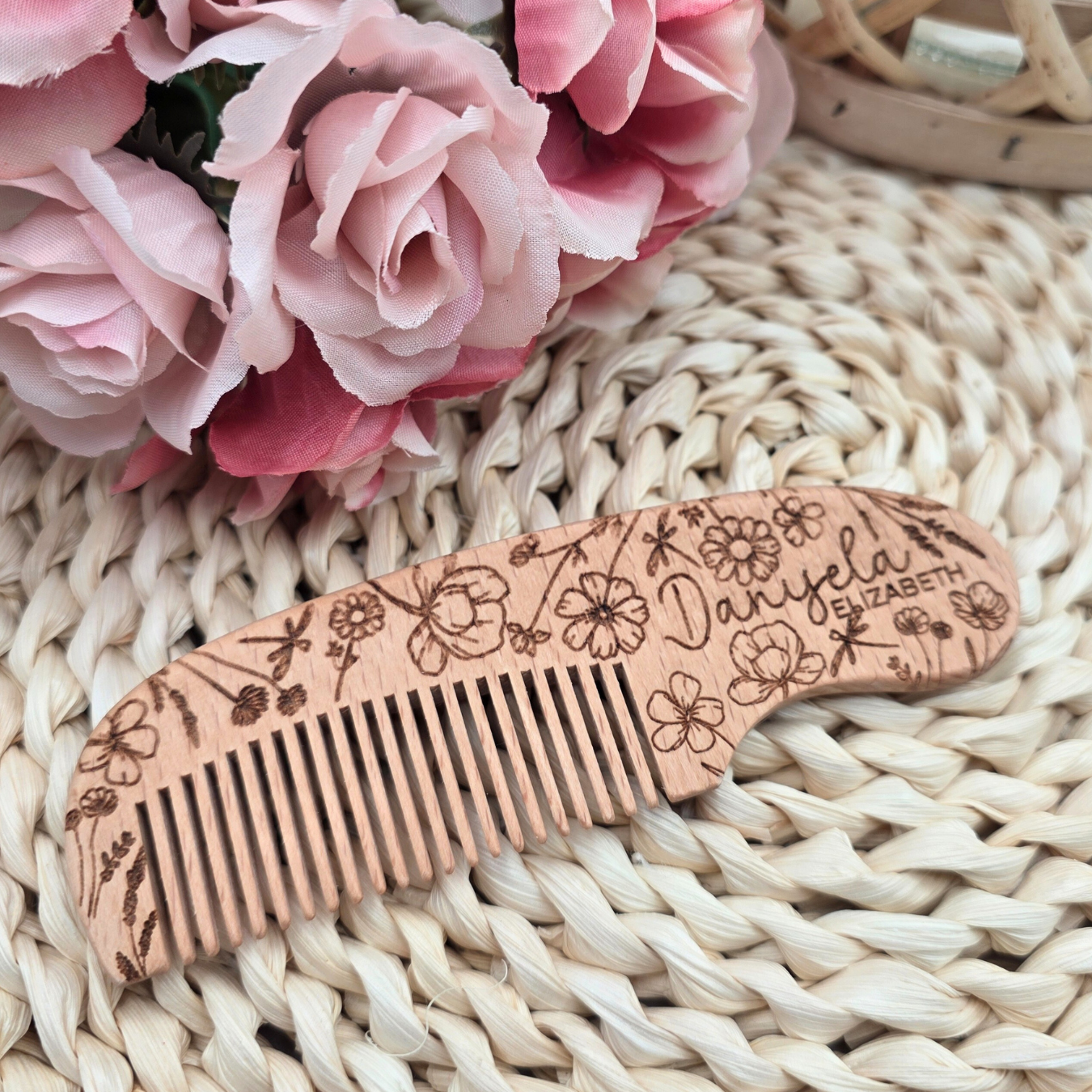 Engraved Baby Brush and Comb Set with Name - Wildflower Wooden Baby Grooming Kit - Newborn & Baby Shower Heirloom Gift