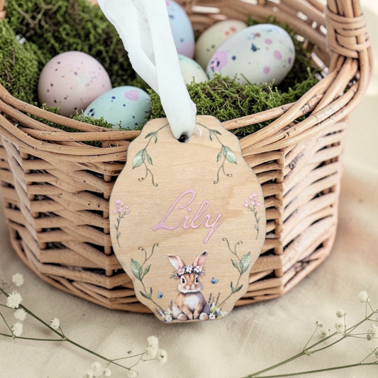 Storybook Flower Crown Bunny Easter Basket Tag - Personalized Vintage Inspired Sign Heirloom Easter Decor