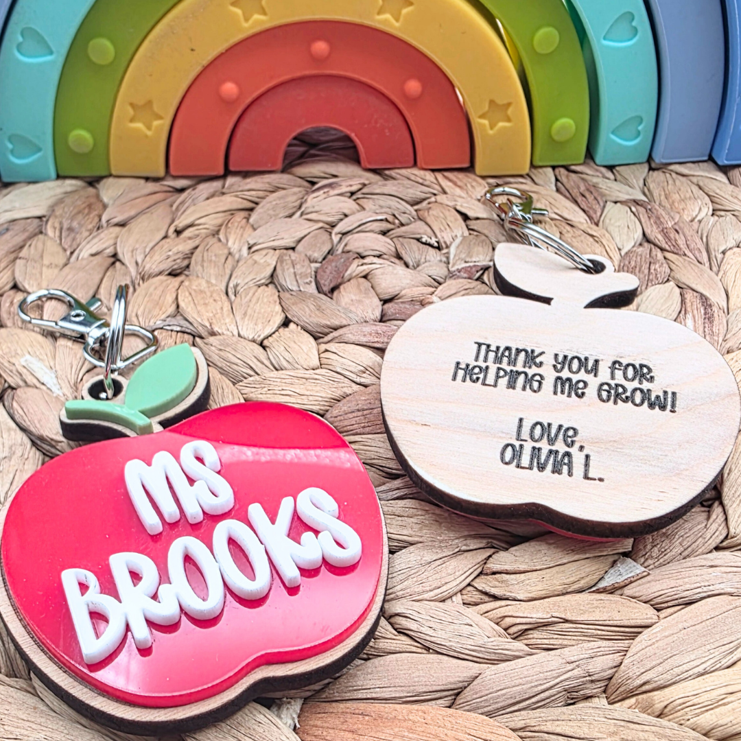 Personalized Teacher Apple Bag Tag - Custom Name Keyring - Teacher Appreciation Gift - 3D Acrylic & Wood