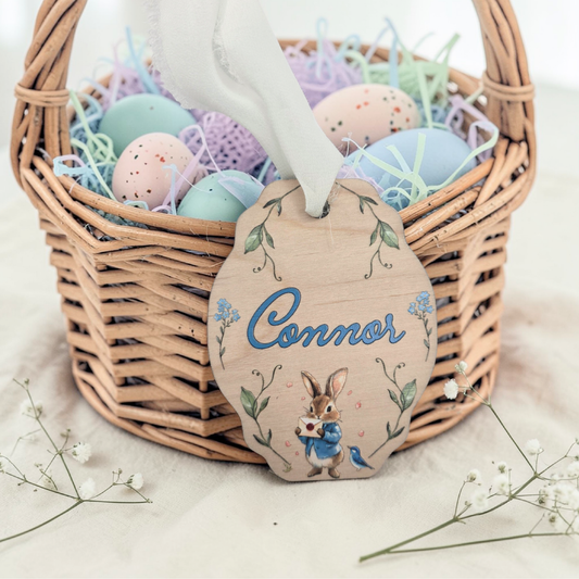 Classic Storybook Easter Basket Tag - Personalized Vintage Bunny Sign Heirloom Easter Decor