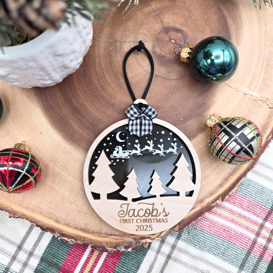 Baby’s First Christmas Ornament - Personalized Santa in the Sky Wood & Acrylic Holiday Keepsake