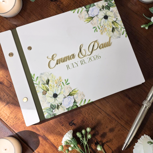 Sage Green Acrylic Wedding Guest Book - Personalized Floral Bridal Keepsake