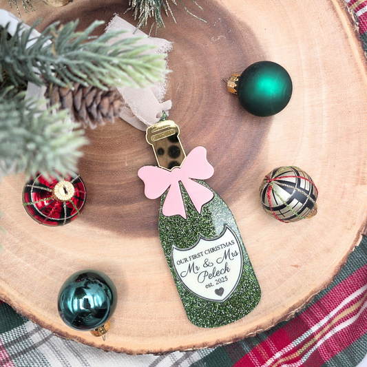 Personalized “Our First Christmas as Mr & Mrs” Champagne Bottle Ornament - Newlywed Gift