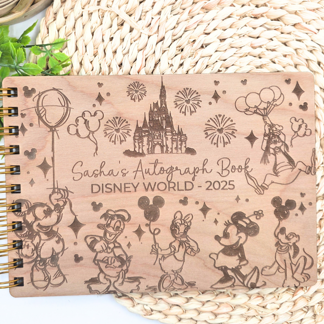 Fairytale Castle and Balloons Autograph Book - Custom Wood Book - Theme Park Journal