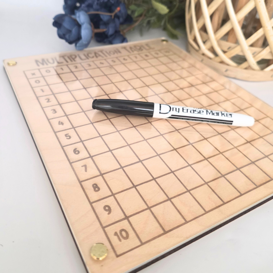Wooden Multiplication Chart - Dry-Erase Math Practice Board with Acrylic Overlay - Montessori-Inspired Homeschool Learning Tool