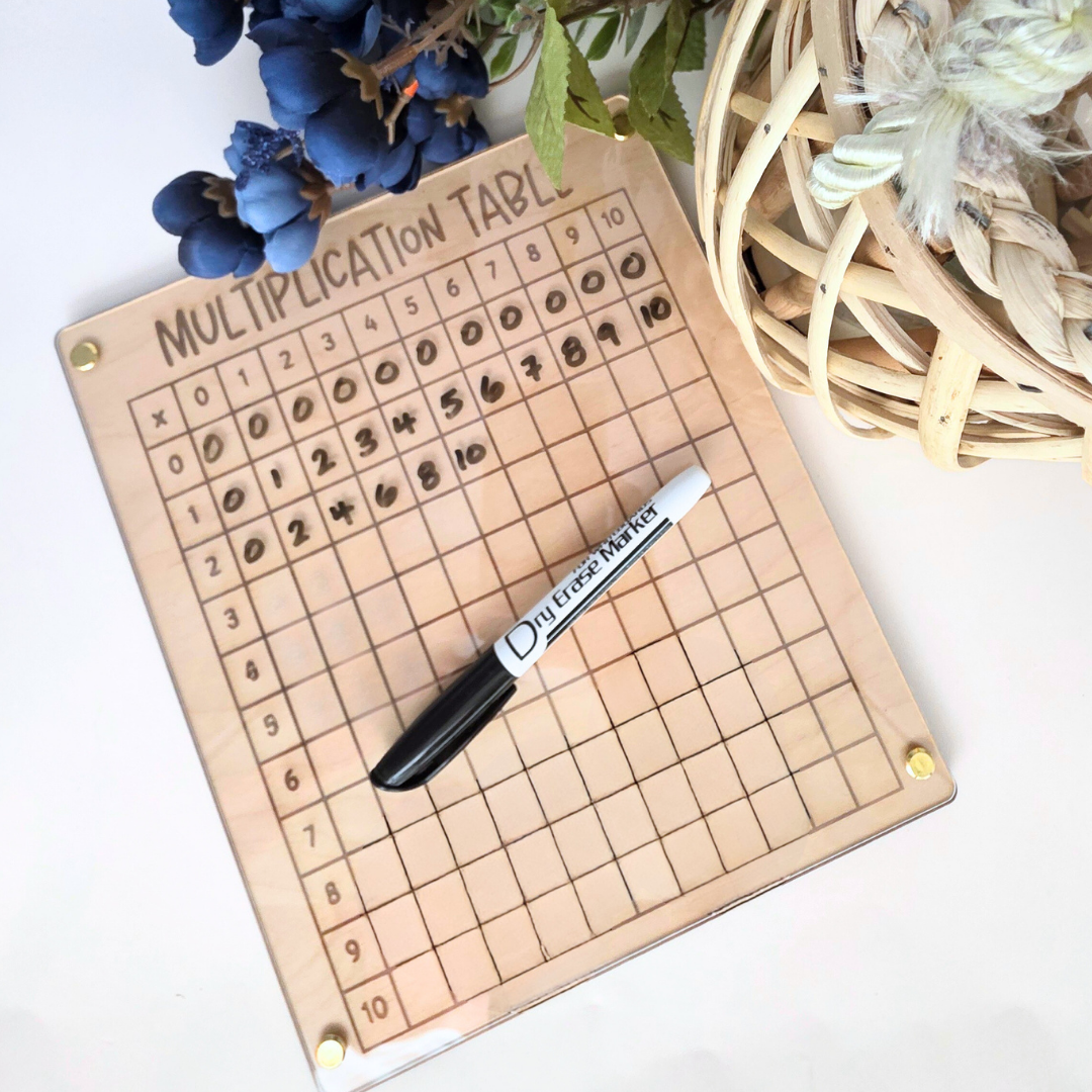 Wooden Multiplication Chart - Dry-Erase Math Practice Board with Acrylic Overlay - Montessori-Inspired Homeschool Learning Tool