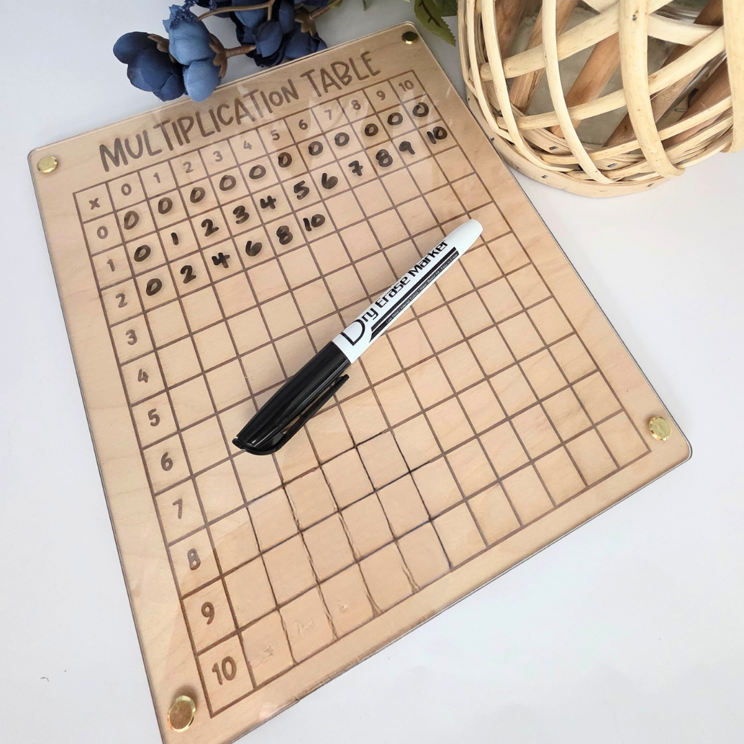 Wooden Multiplication Chart - Dry-Erase Math Practice Board with Acrylic Overlay - Montessori-Inspired Homeschool Learning Tool