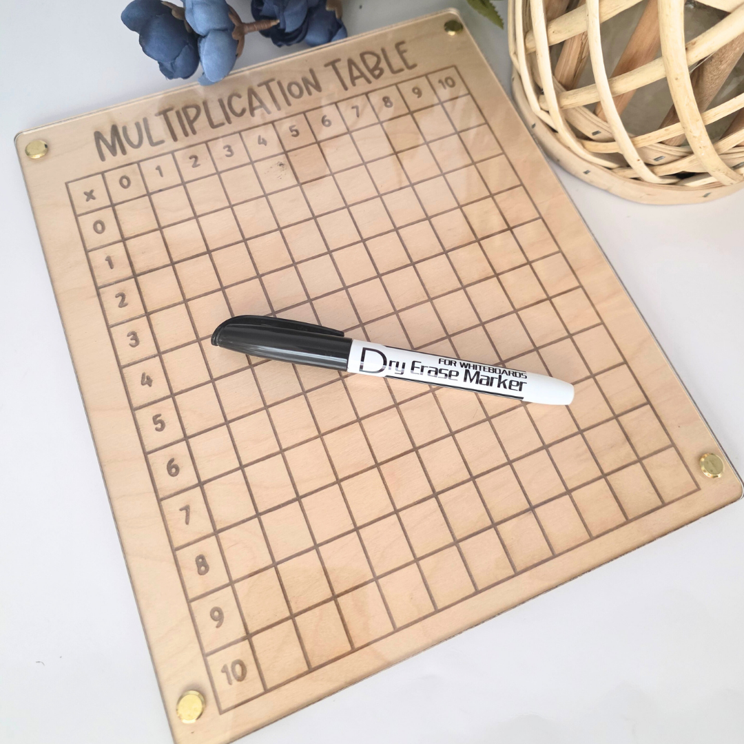 Wooden Multiplication Chart - Dry-Erase Math Practice Board with Acrylic Overlay - Montessori-Inspired Homeschool Learning Tool