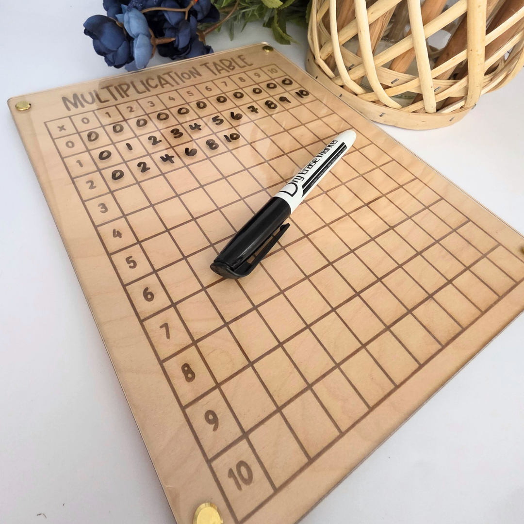 Wooden Multiplication Chart - Dry-Erase Math Practice Board with Acrylic Overlay - Montessori-Inspired Homeschool Learning Tool