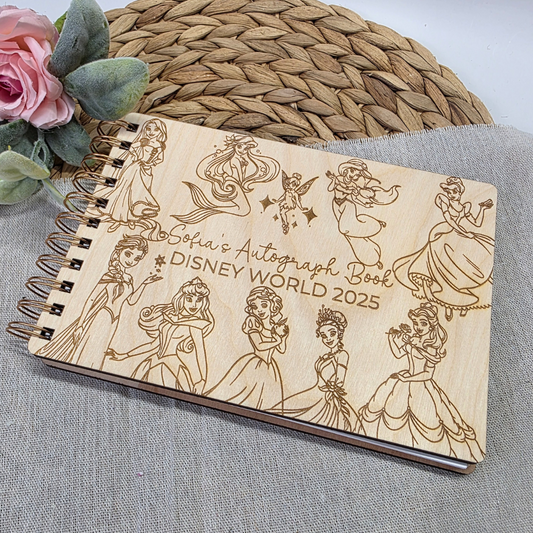 Princess Wood Autograph Book - Personalized Theme Park Memory Book | Royal Vacation Keepsake Gift