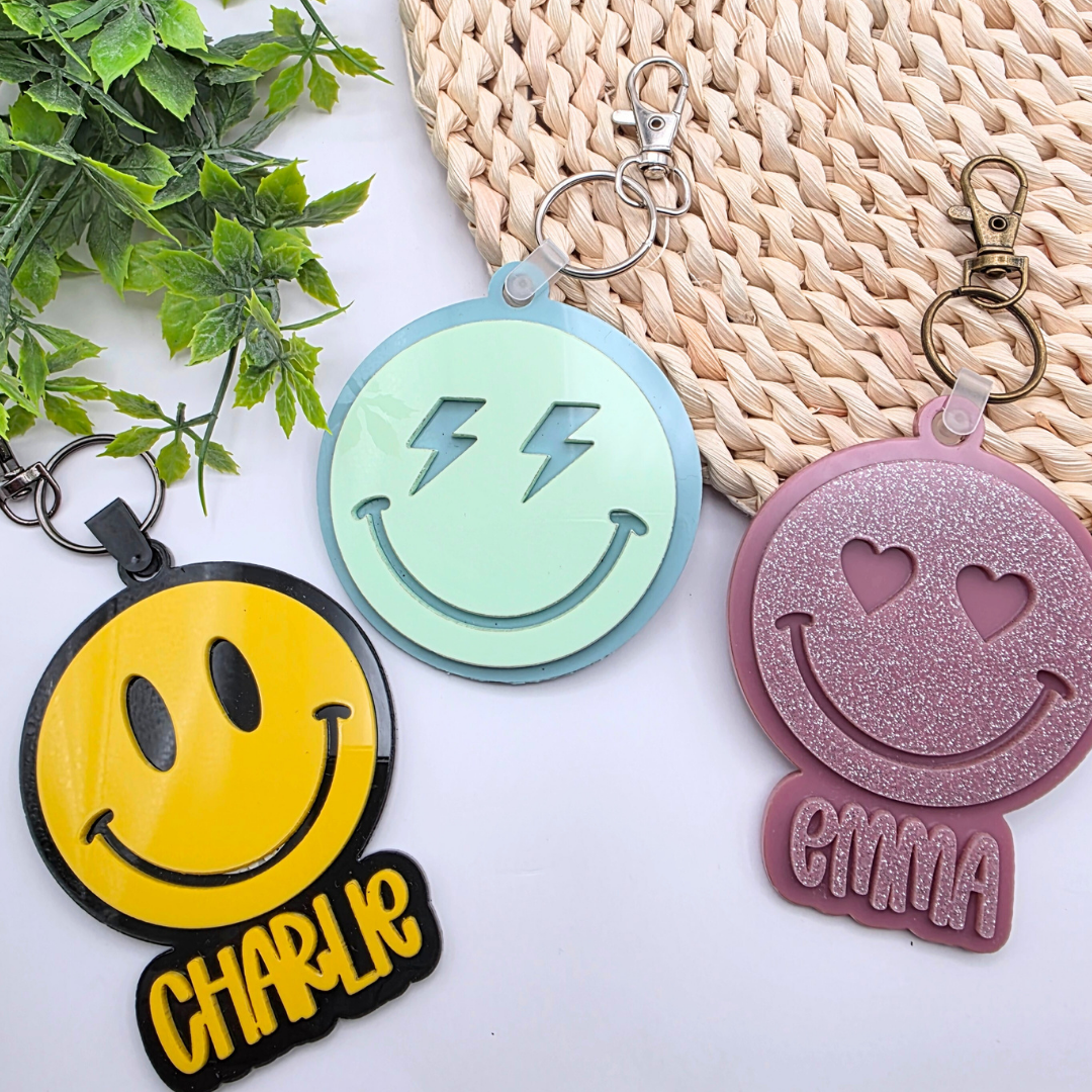 Custom NFC Smiley Face Emergency Contact Tag - Personalized Safety Keychain | Heart Eyes, Lightning Bolt or Classic Face | Tap with Phone